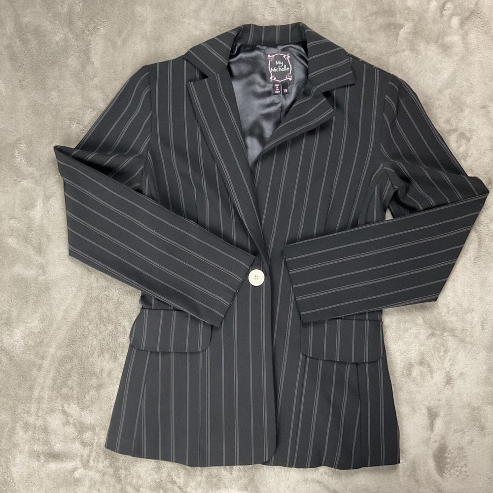 My Michelle Women Striped One-Button Blazer Suit Jacket Black Size 7/8 8265KC1D